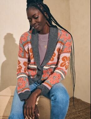 Faherty Topanga Canyon Cardigan Sunset Shell Jacquard Gray Coral Womens XS